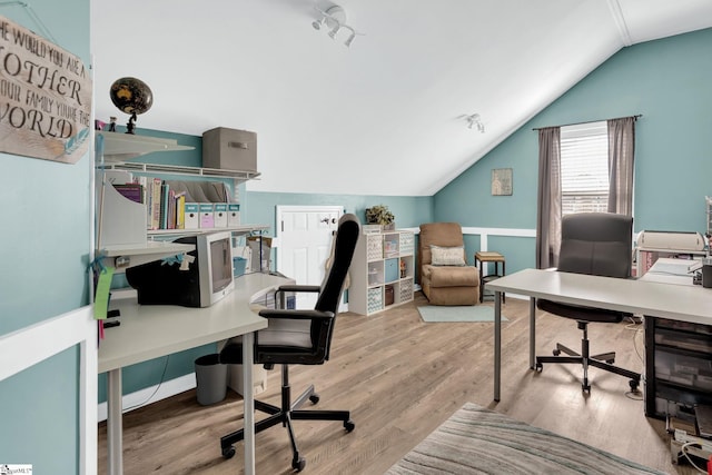 112 Friesian Ct, Pelzer, SC 29669 - office space with lofted ceiling, wood finished floors, and a wainscoted wall