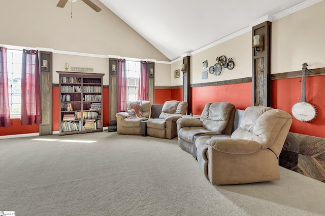 112 Friesian Ct, Pelzer, SC 29669 - carpeted living area with ceiling fan, high vaulted ceiling, and ornamental molding