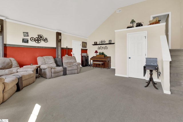 112 Friesian Ct, Pelzer, SC 29669 - living room with carpet floors, high vaulted ceiling, and stairs