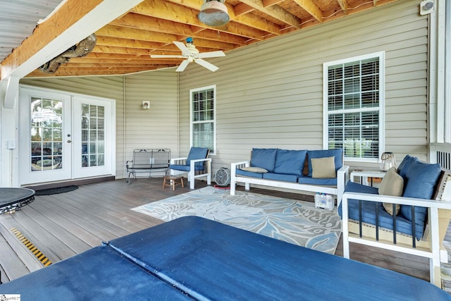 112 Friesian Ct, Pelzer, SC 29669 - wooden deck featuring french doors, an outdoor living space, and a ceiling fan
