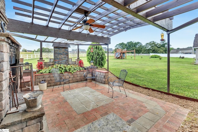112 Friesian Ct, Pelzer, SC 29669 - fenced backyard with a playground, a patio area, and a pergola