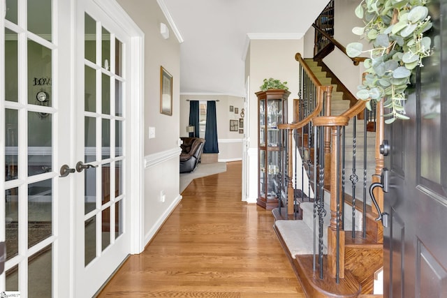 112 Friesian Ct, Pelzer, SC 29669 - entryway with french doors, stairway, wood finished floors, and ornamental molding