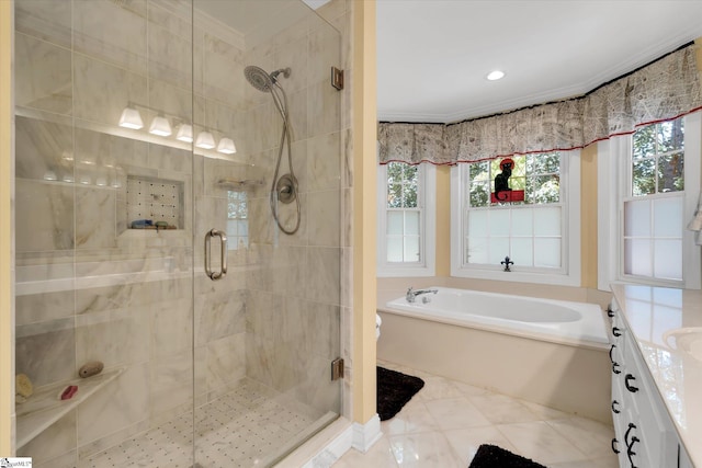 14 Quail Meadow Ln, Greenville, SC 29617 - bathroom featuring a shower stall, a bath, vanity, and ornamental molding