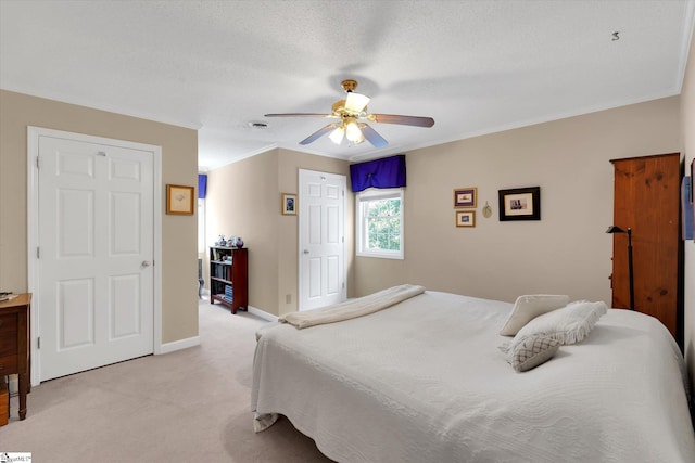 14 Quail Meadow Ln, Greenville, SC 29617 - bedroom with light carpet, ornamental molding, a ceiling fan, and a textured ceiling