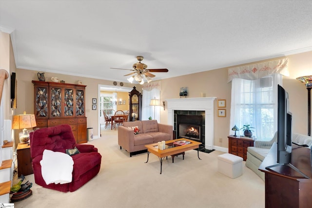 14 Quail Meadow Ln, Greenville, SC 29617 - living area featuring ornamental molding, carpet flooring, ceiling fan, and a fireplace