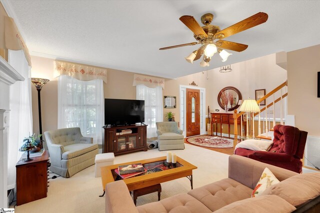 14 Quail Meadow Ln, Greenville, SC 29617 - living room with carpet floors, stairway, and ceiling fan