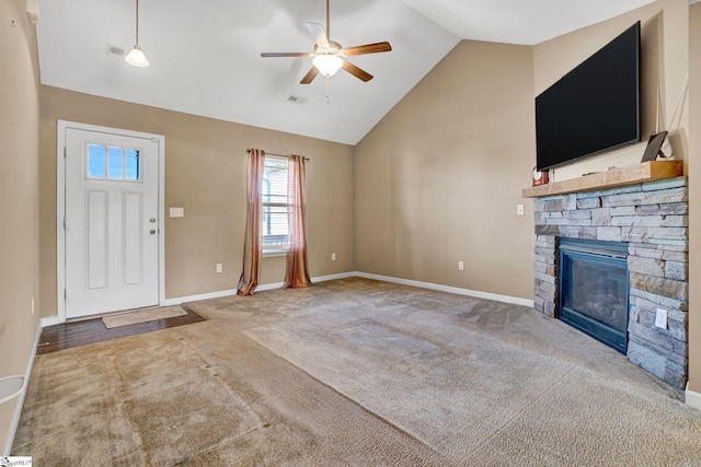 102 Tea Leaf Ct, Anderson, SC 29626 - unfurnished living room with carpet, a ceiling fan, a fireplace, and high vaulted ceiling