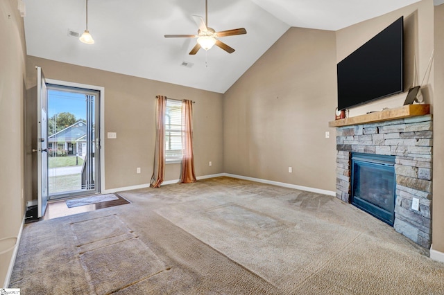 102 Tea Leaf Ct, Anderson, SC 29626 - unfurnished living room with carpet floors, ceiling fan, a fireplace, and high vaulted ceiling