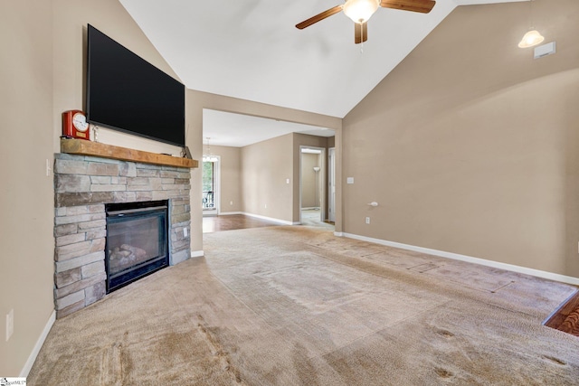 102 Tea Leaf Ct, Anderson, SC 29626 - unfurnished living room featuring ceiling fan, a stone fireplace, carpet, and high vaulted ceiling
