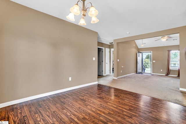 102 Tea Leaf Ct, Anderson, SC 29626 - unfurnished room featuring light wood-style floors, a chandelier, vaulted ceiling, and a ceiling fan