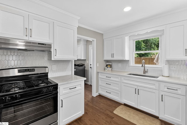 103 W Shallowstone Rd, Greer, SC 29650 - kitchen with gas stove, under cabinet range hood, white cabinetry, ornamental molding, and tasteful backsplash