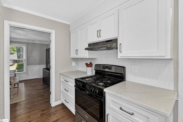 103 W Shallowstone Rd, Greer, SC 29650 - kitchen featuring black range with gas cooktop, under cabinet range hood, white cabinetry, dark wood finished floors, and ornamental molding