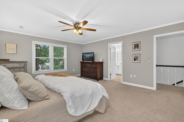 103 W Shallowstone Rd, Greer, SC 29650 - bedroom with ornamental molding, light carpet, a ceiling fan, and ensuite bath