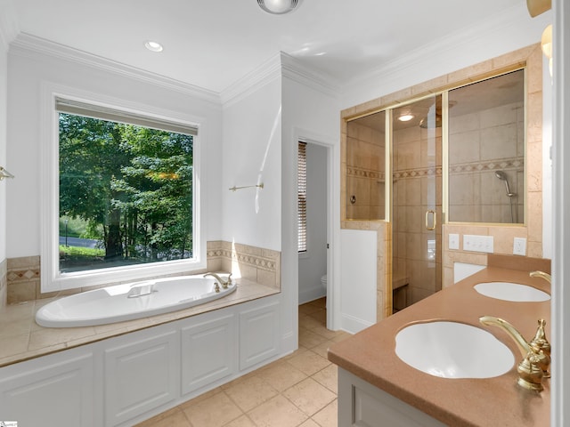 1 Touch Me Not Trl, Landrum, SC 29356 - full bathroom featuring a bath, a stall shower, double vanity, tile patterned flooring, and ornamental molding