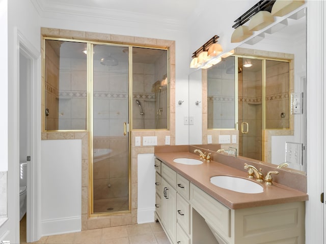 1 Touch Me Not Trl, Landrum, SC 29356 - full bathroom featuring double vanity, tile patterned flooring, a shower stall, and ornamental molding