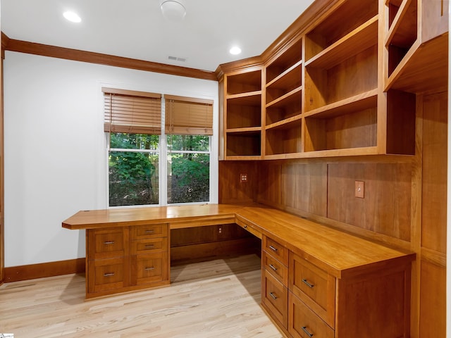 1 Touch Me Not Trl, Landrum, SC 29356 - unfurnished office featuring built in desk, light wood-type flooring, recessed lighting, and crown molding