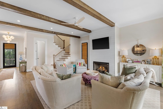 352 Pine Forest Drive Extension, Greenville, SC 29605 - living area featuring light wood-style flooring, a large fireplace, beamed ceiling, stairway, and recessed lighting