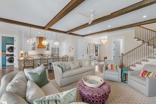 352 Pine Forest Drive Extension, Greenville, SC 29605 - living room with estacked washer and dryer, stairs, beamed ceiling, recessed lighting, and a ceiling fan