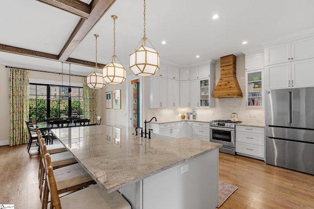 352 Pine Forest Drive Extension, Greenville, SC 29605 - kitchen with appliances with stainless steel finishes, custom exhaust hood, a kitchen breakfast bar, backsplash, and recessed lighting