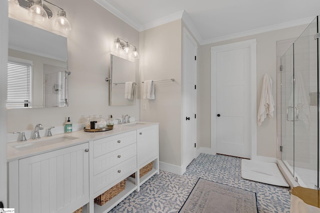 352 Pine Forest Drive Extension, Greenville, SC 29605 - bathroom with a stall shower, double vanity, crown molding, and tile patterned floors