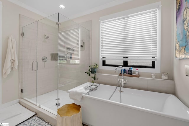 352 Pine Forest Drive Extension, Greenville, SC 29605 - bathroom with a stall shower, a soaking tub, recessed lighting, and crown molding