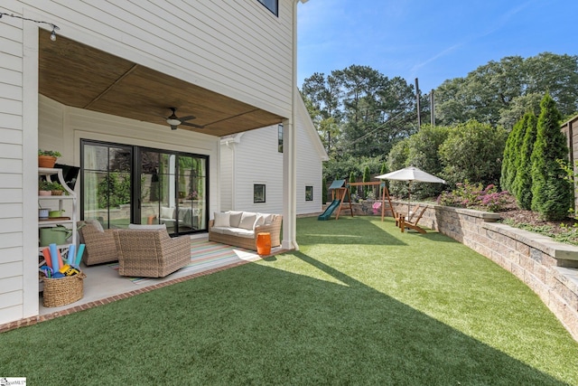 352 Pine Forest Drive Extension, Greenville, SC 29605 - view of green lawn with a playground, ceiling fan, an outdoor hangout area, and a patio area