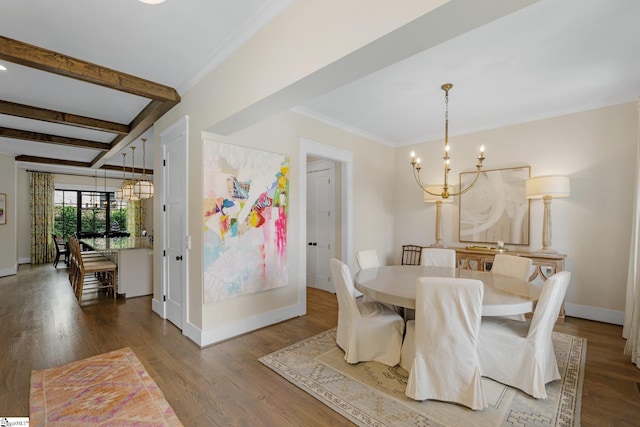 352 Pine Forest Drive Extension, Greenville, SC 29605 - dining space featuring a chandelier, wood finished floors, ornamental molding, and beamed ceiling