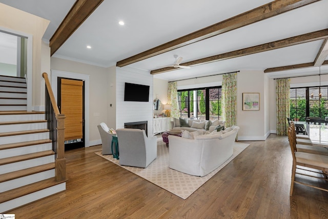 352 Pine Forest Drive Extension, Greenville, SC 29605 - living room featuring beam ceiling, wood finished floors, plenty of natural light, stairway, and recessed lighting