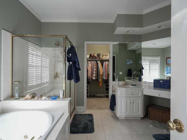 4 Glens Crossing Ct, Greer, SC 29650 - full bathroom with a stall shower, vanity, a whirlpool tub, crown molding, and a walk in closet