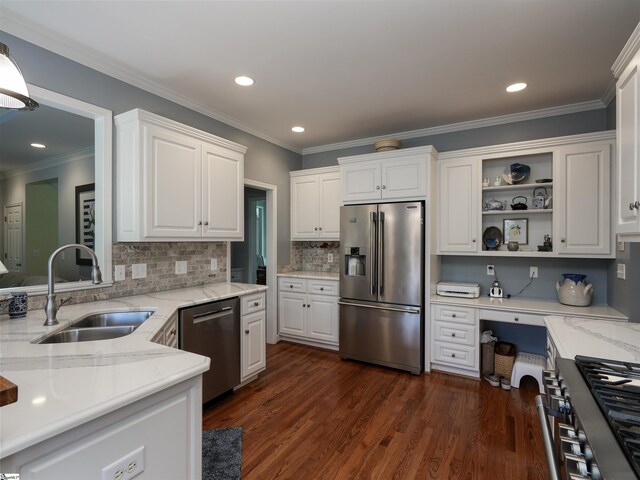 4 Glens Crossing Ct, Greer, SC 29650 - kitchen with appliances with stainless steel finishes, white cabinets, light stone counters, tasteful backsplash, and dark wood-style floors