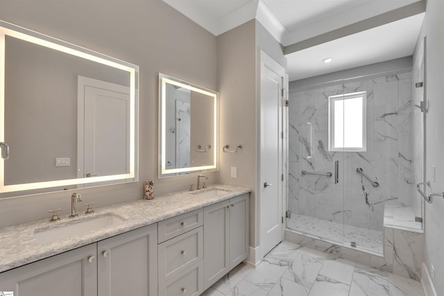 110 N Markley St Unit 505, Greenville, SC 29601 - bathroom featuring a marble finish shower, marble finish flooring, double vanity, and recessed lighting