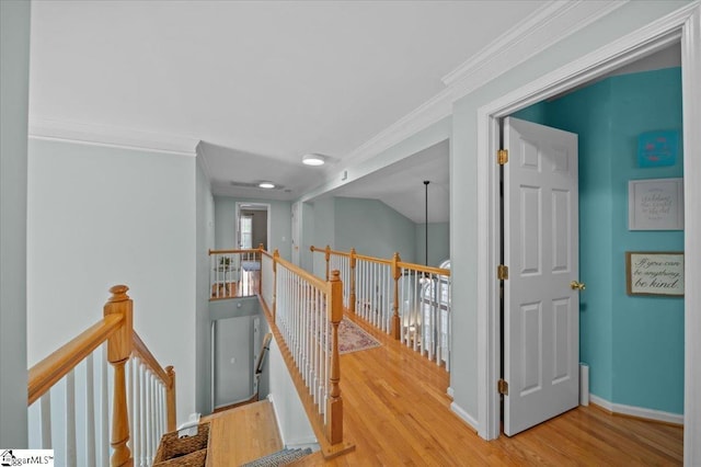 2 Willow Oak Ct, Simpsonville, SC 29681 - corridor with an upstairs landing, wood finished floors, and ornamental molding