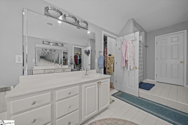 2 Willow Oak Ct, Simpsonville, SC 29681 - full bathroom with vanity, tile patterned floors, and lofted ceiling