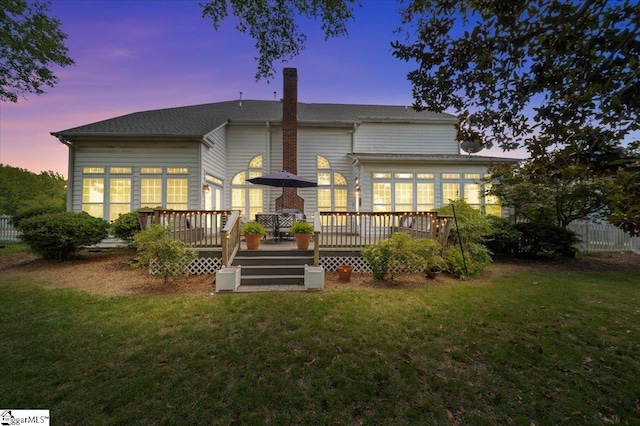 2 Willow Oak Ct, Simpsonville, SC 29681 - back of house at dusk with a deck and a chimney