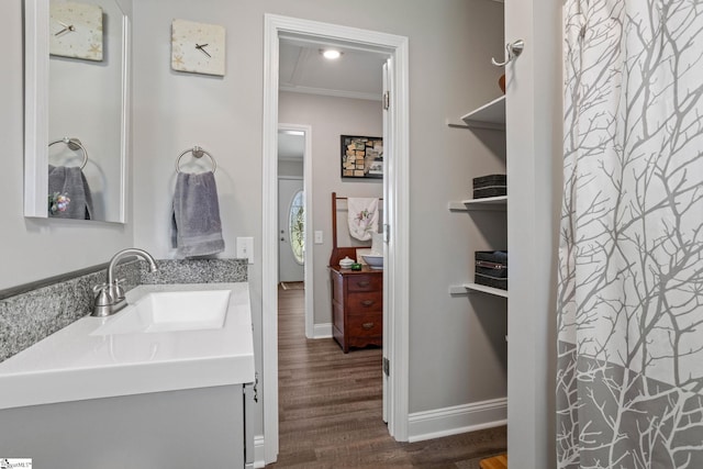 1170 Return Church Rd, Seneca, SC 29678 - bathroom featuring vanity, wood finished floors, and ornamental molding