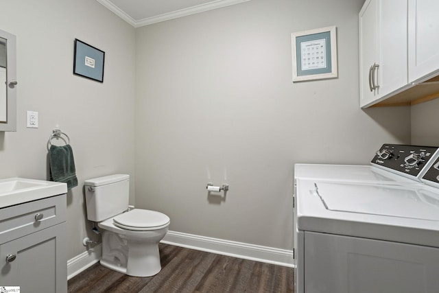 1170 Return Church Rd, Seneca, SC 29678 - half bath featuring independent washer and dryer, vanity, wood finished floors, and ornamental molding