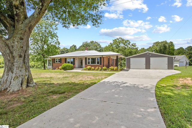 1170 Return Church Rd, Seneca, SC 29678 - ranch-style house with a garage, an outdoor structure, a chimney, a front yard, and brick siding