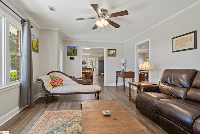 1170 Return Church Rd, Seneca, SC 29678 - living area featuring wood finished floors, a ceiling fan, healthy amount of natural light, and ornamental molding