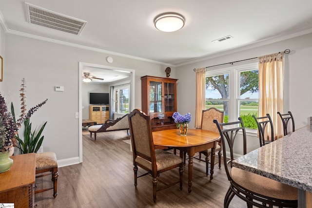 1170 Return Church Rd, Seneca, SC 29678 - dining space with plenty of natural light, dark wood-style floors, ornamental molding, and a ceiling fan