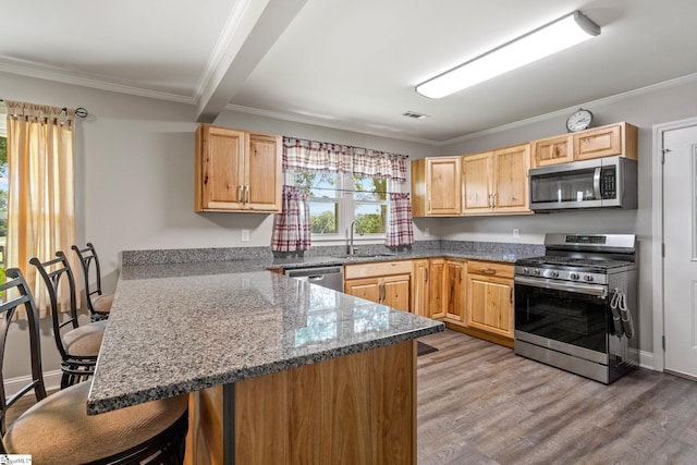 1170 Return Church Rd, Seneca, SC 29678 - kitchen featuring stainless steel appliances, crown molding, a peninsula, light wood finished floors, and light brown cabinetry