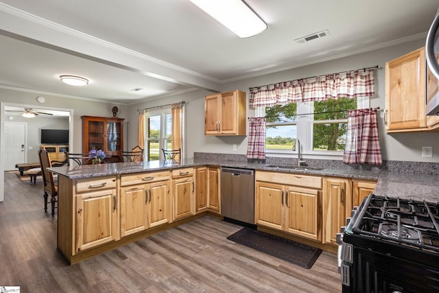 1170 Return Church Rd, Seneca, SC 29678 - kitchen featuring stainless steel appliances, dark wood finished floors, a peninsula, dark stone counters, and ornamental molding