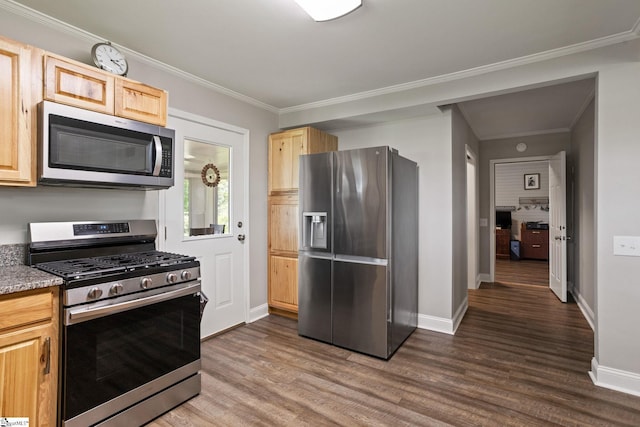 1170 Return Church Rd, Seneca, SC 29678 - kitchen with stainless steel appliances, light brown cabinetry, dark wood-style floors, crown molding, and light stone counters
