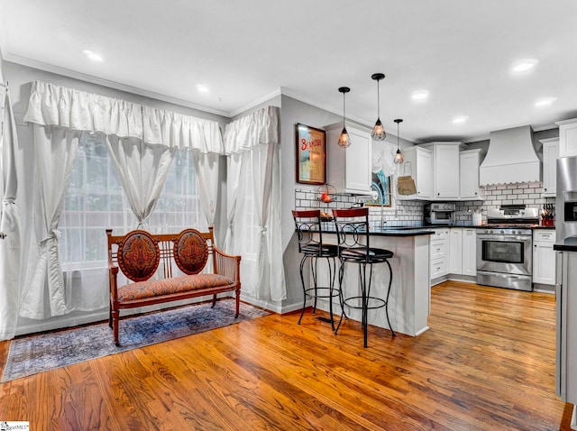 105 Devonshire Ln, Greenville, SC 29617 - kitchen featuring custom range hood, appliances with stainless steel finishes, dark countertops, decorative backsplash, and crown molding