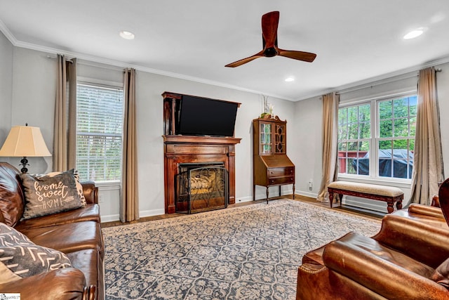105 Devonshire Ln, Greenville, SC 29617 - living room with a fireplace, plenty of natural light, crown molding, a ceiling fan, and recessed lighting