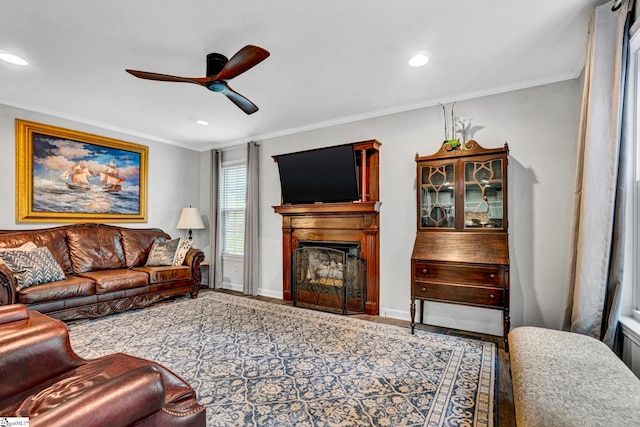 105 Devonshire Ln, Greenville, SC 29617 - living room featuring a ceiling fan, recessed lighting, a fireplace, and ornamental molding
