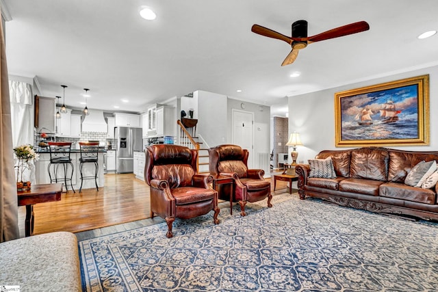 105 Devonshire Ln, Greenville, SC 29617 - living area featuring ceiling fan, stairway, light wood-type flooring, recessed lighting, and crown molding