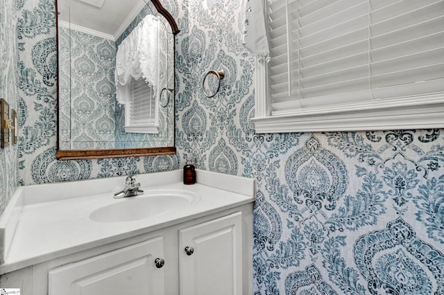 105 Devonshire Ln, Greenville, SC 29617 - bathroom with wallpapered walls, vanity, and ornamental molding