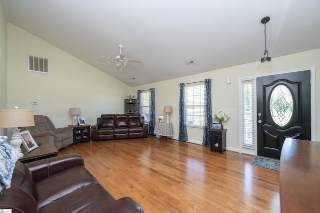 6 Gratiot Ln, Greer, SC 29651 - living area featuring light wood-style flooring, a ceiling fan, healthy amount of natural light, and high vaulted ceiling