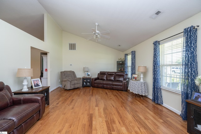 6 Gratiot Ln, Greer, SC 29651 - living area with light wood-type flooring, a ceiling fan, and high vaulted ceiling