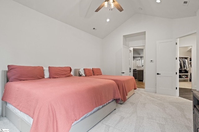 421 Lynn Rd, Taylors, SC 29687 - bedroom with a walk in closet, light carpet, recessed lighting, a ceiling fan, and high vaulted ceiling